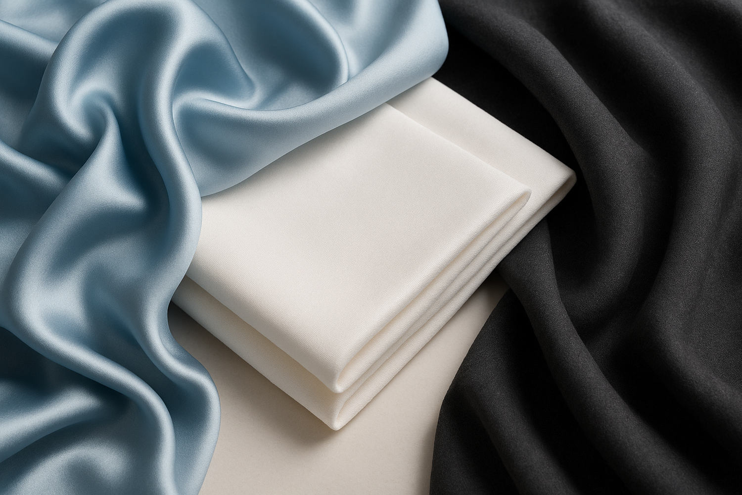 OEKO-TEX® Standard 100 Certified Fabrics light blue, silk, white cotton charcoal gray no logo just fabrics