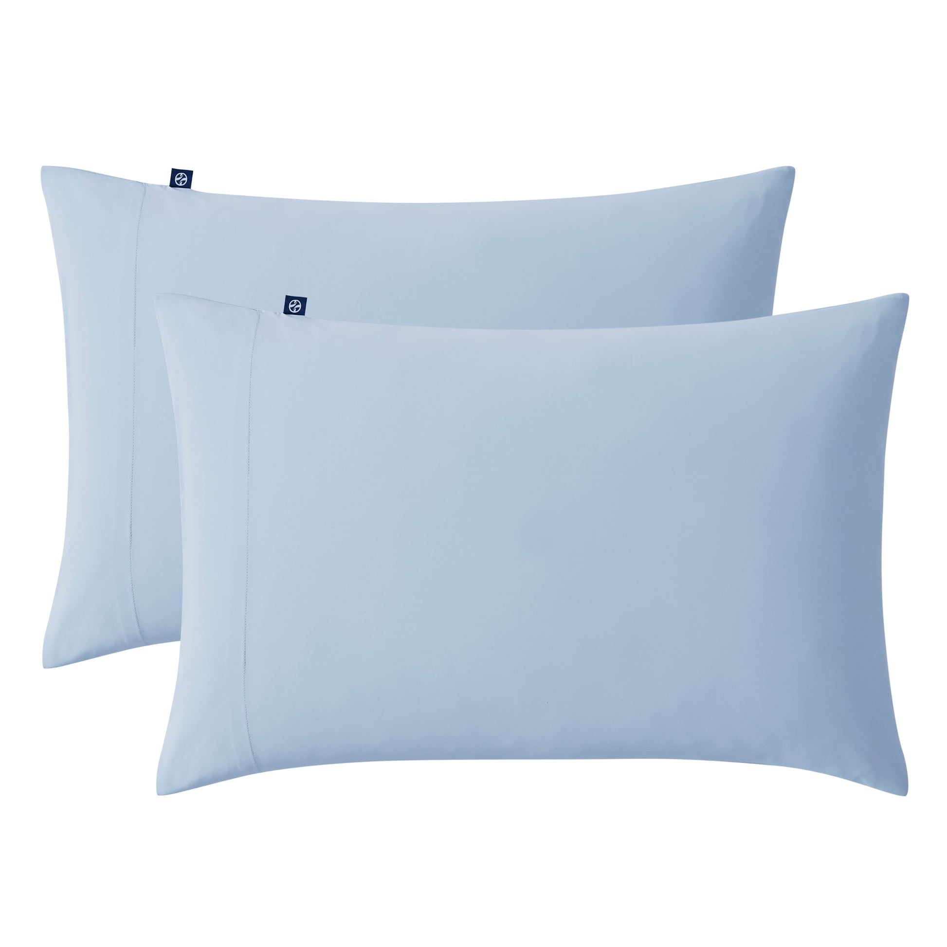 Cooling pillowcases in sky blue displayed on a white background with vertical brand tag.